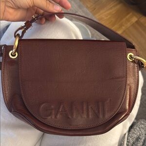 Ganni Brown Leather Shoulder Bag with Gold Hardware